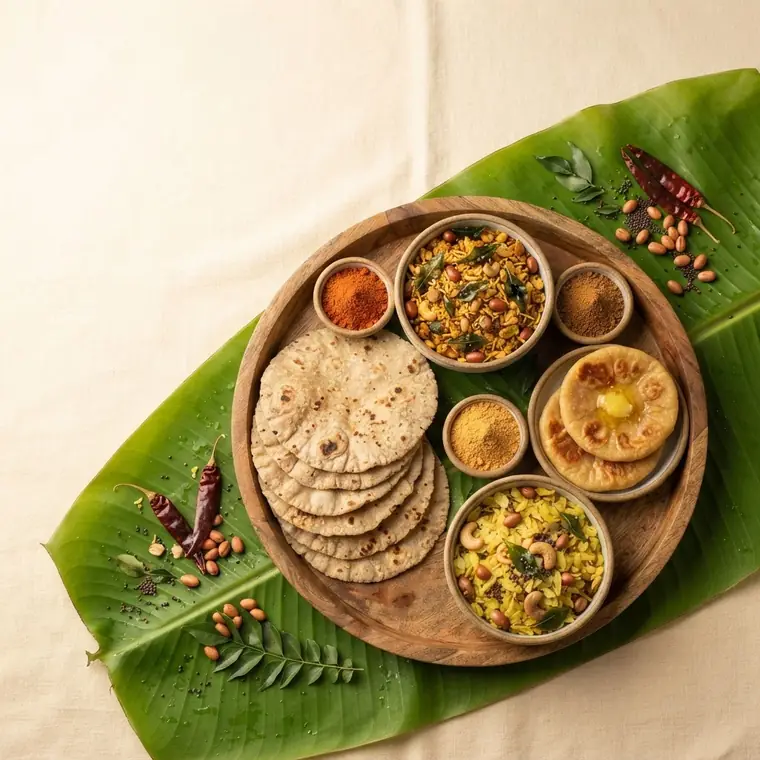 A banana leaf with rotti, chutney powders, snacks and holige (illustrative image)