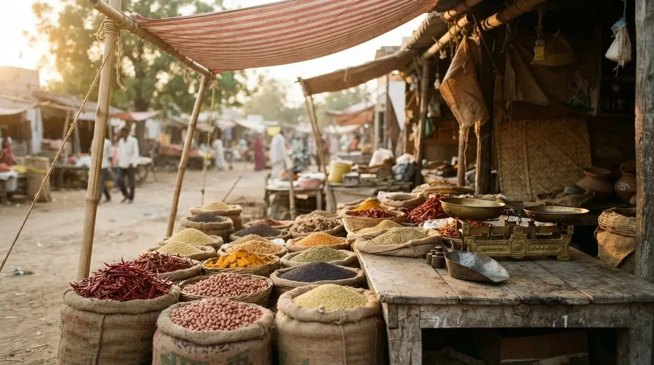 A busy village market with sacks of spices (illustrative image)